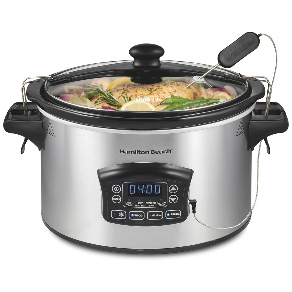 ECTQ33NWN1X80B_0-1.jpg - Panela Elétrica de Cozimento Lento Programável Digital Portátil Hamilton Beach 5,68 litros Set Forget com Trava de Tampa, Sonda de Temperatura, Função de