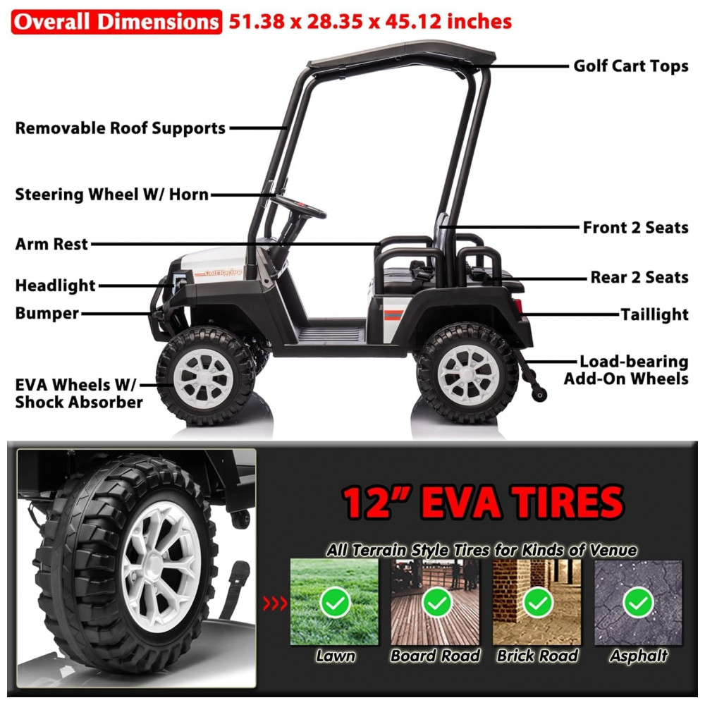 ECTQ341K9FSD0B_5-1.jpg - Carrinho Elétrico Infantil 4x4 24V Sopbost, 4 Lugares, Controle Remoto, Suspensão EVA, 4 Motores, MP3 Bluetooth, Branco