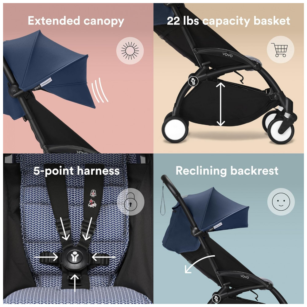 ECTQ34C6SJ8D0B_5-1.jpg - Carrinho de Bebê Stokke YOYO3 Azul Air France - Estrutura Preta Dobrável Assento Reclinável Cinto 5 Pontos Capota Anti-UV UPF 50+