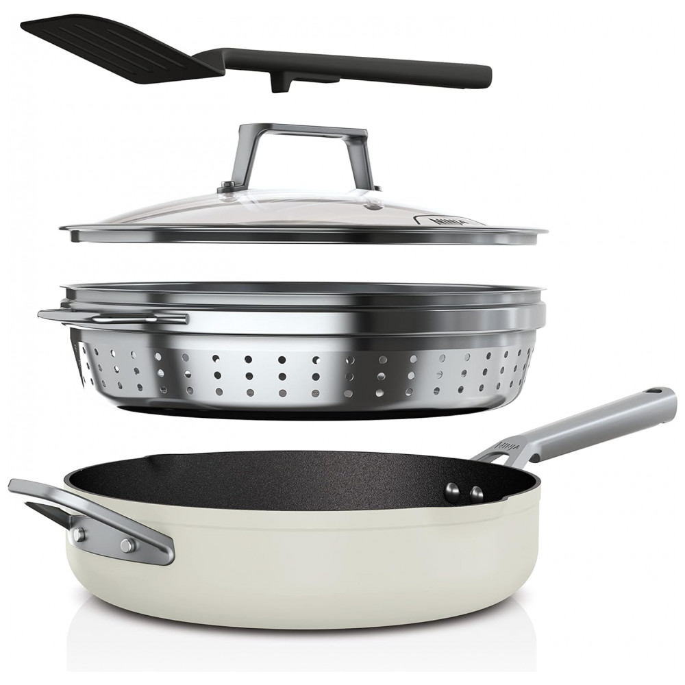 Frigideira Antiaderente 14 em 1 com Espátula e Tampa de Vidro, Ninja CW102WH, Branca Baunilha