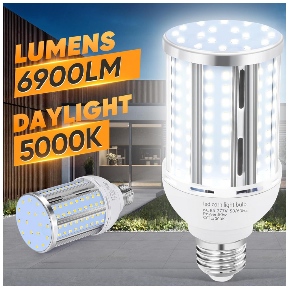 Lâmpada LED Corn 60W (2 un),6900LM, 5000K,fanless, base E26/E39,ideal para garagem, galpão, fábrica, oficina e área externa,XYCN. - Imagem 2