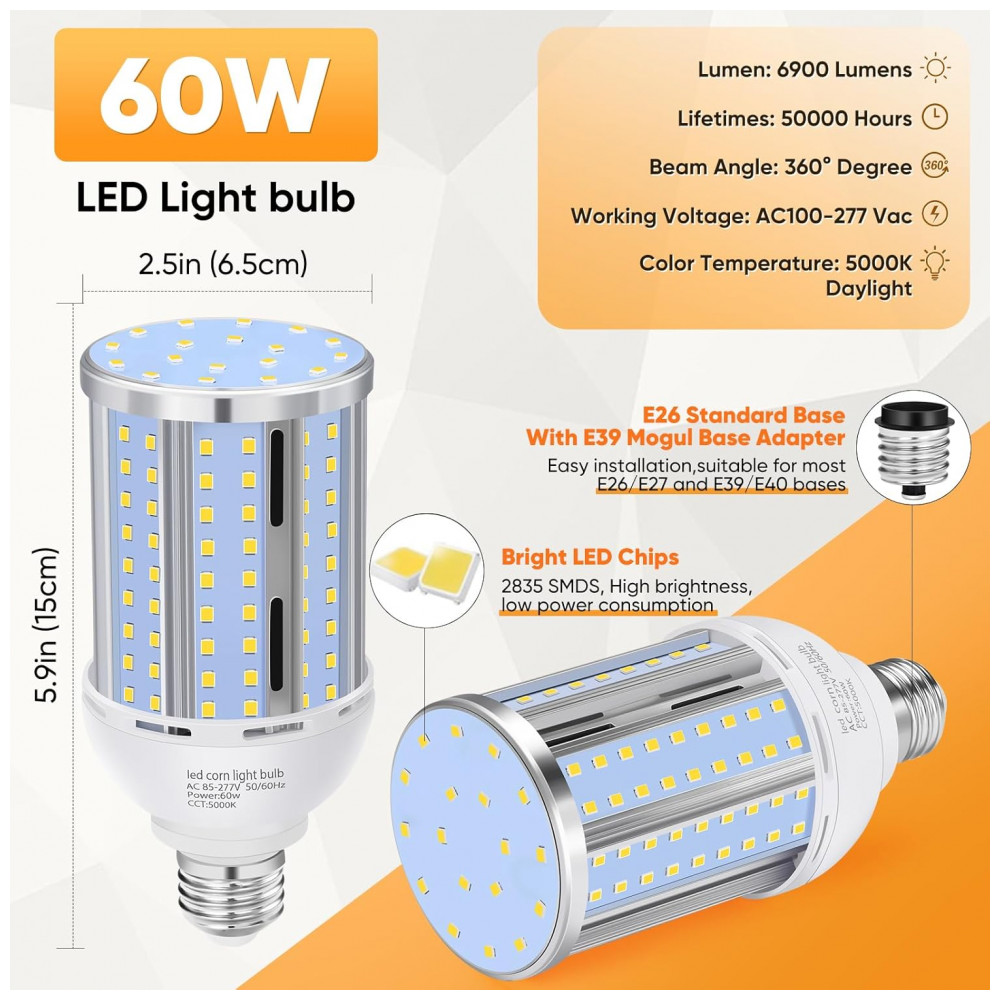 Lâmpada LED Corn 60W (2 un),6900LM, 5000K,fanless, base E26/E39,ideal para garagem, galpão, fábrica, oficina e área externa,XYCN. - Imagem 3