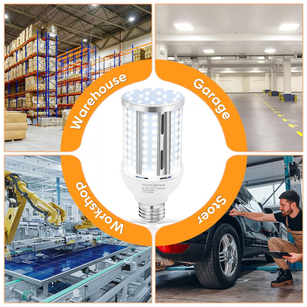Lâmpada LED Corn 60W (2 un),6900LM, 5000K,fanless, base E26/E39,ideal para garagem, galpão, fábrica, oficina e área externa,XYCN. - Imagem 5