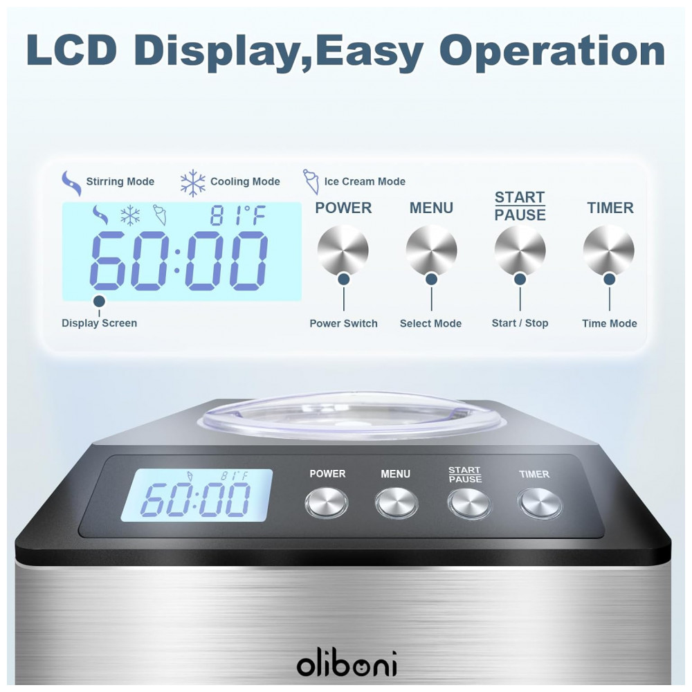 Máquina de Sorvete Oliboni 2,46 Litros com Compressor, Display Digital LCD, Sem Necessidade de Pré-Congelamento, Máquina de Sorvete Automática - Imagem 6