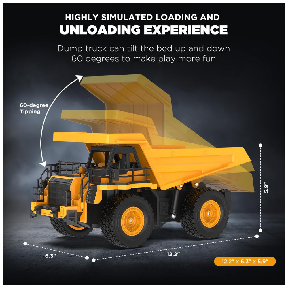 ECTQ3DWQNDYD0B_3-1.jpg - Caminhão Basculante de Controle Remoto 9 Canais na Escala 1:18, Brinquedo de Construção com Luzes e Sons Realistas, Rodas Todo-Terreno, KIDDITOY