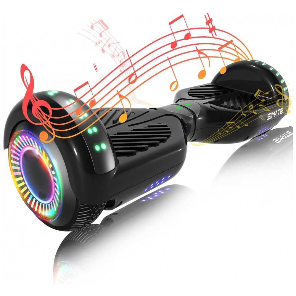 Hoverboard SIMATE Preto 6,5" com Bluetooth, Luzes LED e Certificação UL2272 – Até 12,8 km/h, Autonomia de 12,8 km