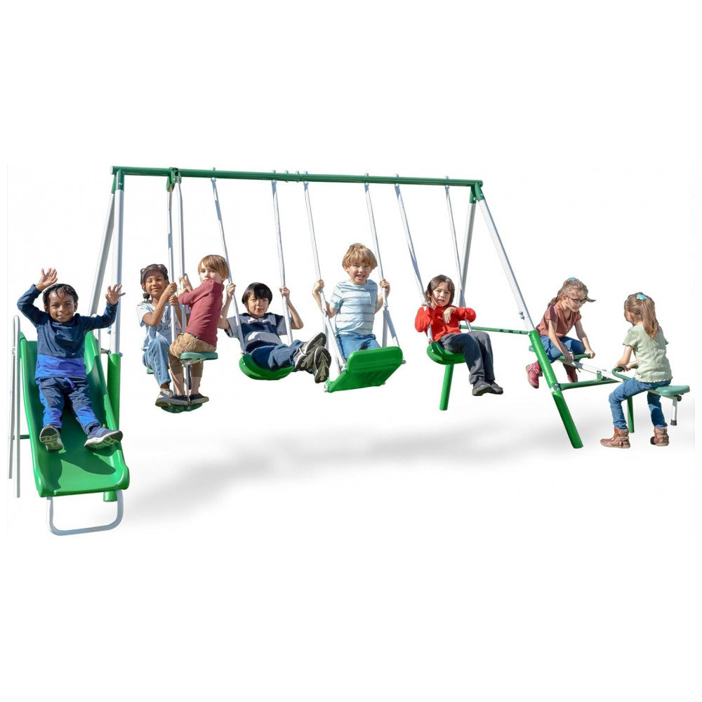 ECTQ3JQWHGYC0B_0-1.jpg - Conjunto Playground Esportivo Outdoor 8 Estações Fitness Reality Kids Verde - Aço 2” Tubular Revestido Escorregador Trampolim Barra Fixa Basquete Futebol 265 cm x 400 cm x 265 cm