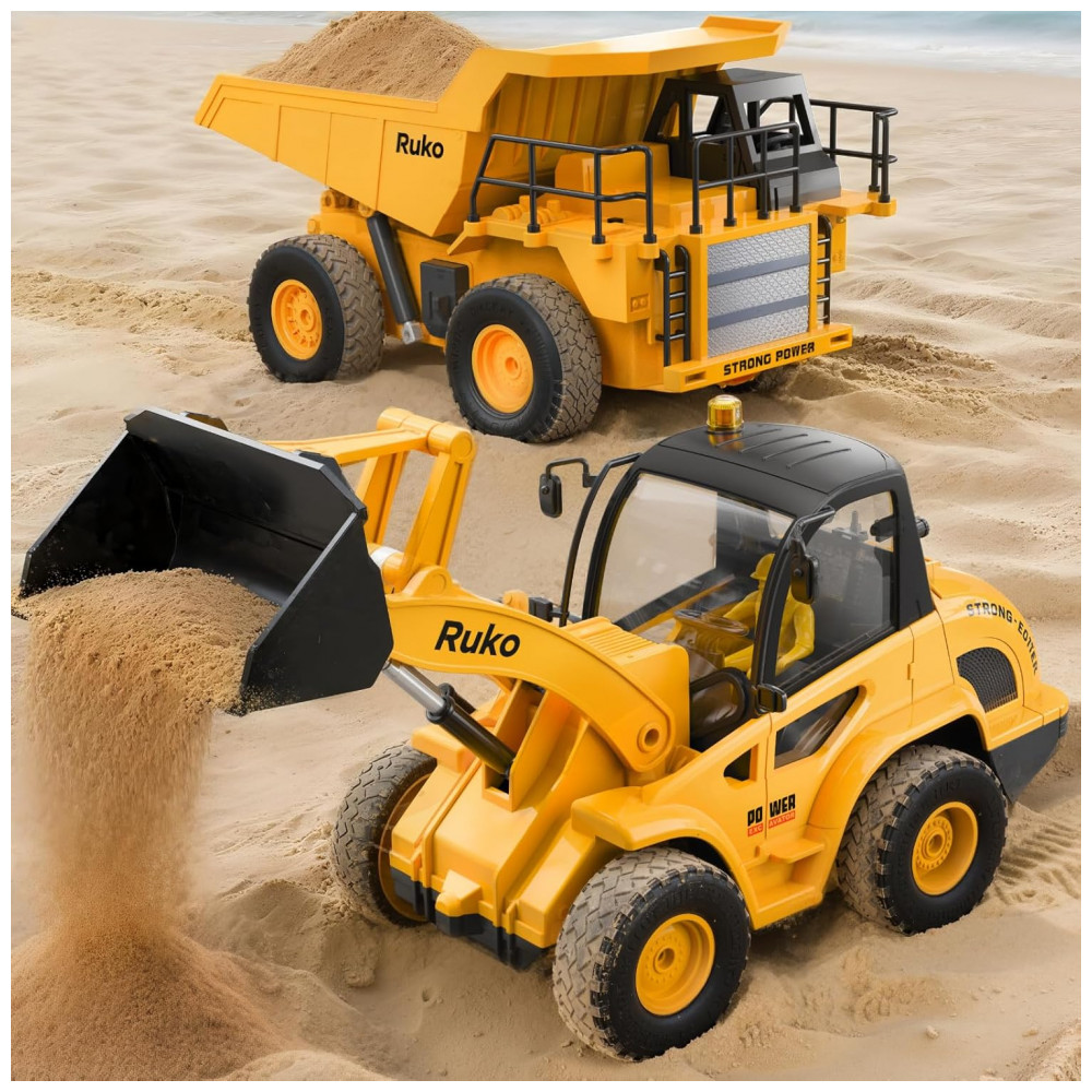 Conjunto de Brinquedos de Construção Ruko 1560, Caminhão Basculante e Pá Carregadeira Controlados por Controle Remoto, Veículos RC de 9 Canais com Luz