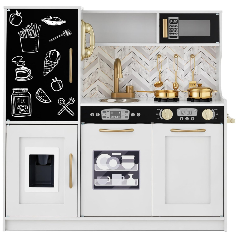 Cozinha Infantil com Design Realista, Telefone, Utensílios, Forno, Micro-Ondas e Pia para Crianças Acima de 3 Anos, Best Choice Products, Branco e Dourado