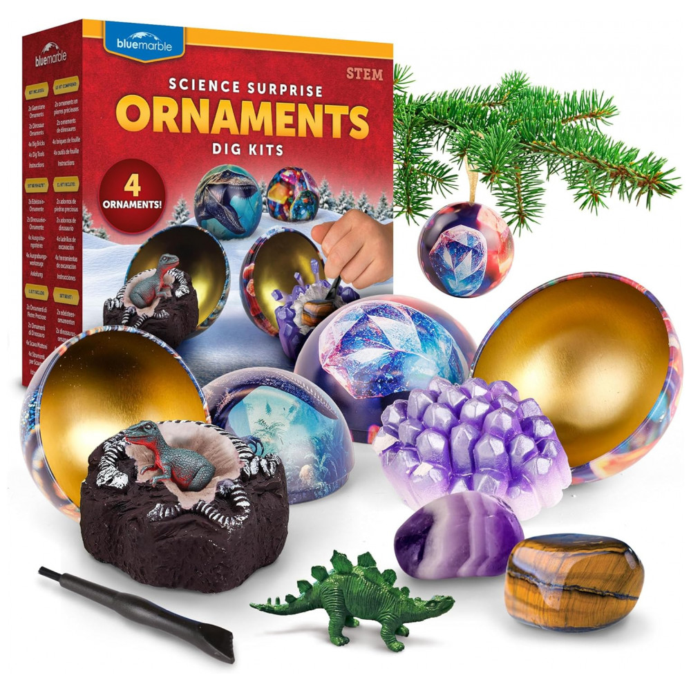 ECTQ3WSK2MSD0B_0-1.jpg - Blue Marble Science Surprise Christmas Ornament Kit para Crianças – 4 Ornamentos com Mini Kit de Escavação de Gemas e Dinossauros, Brinquedos Educativos de Natal