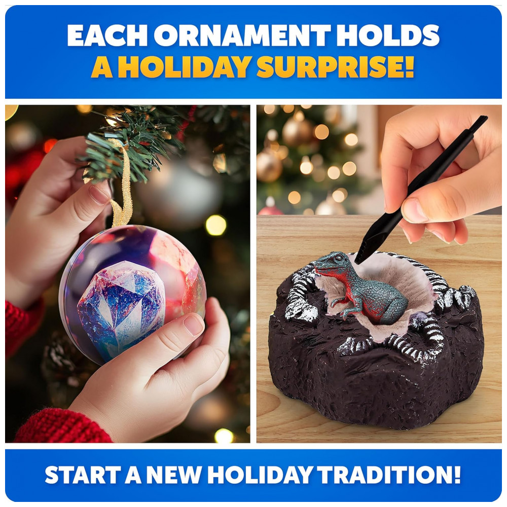 ECTQ3WSK2MSD0B_1-1.jpg - Blue Marble Science Surprise Christmas Ornament Kit para Crianças – 4 Ornamentos com Mini Kit de Escavação de Gemas e Dinossauros, Brinquedos Educativos de Natal