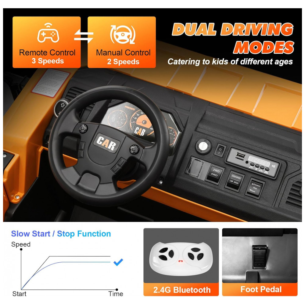 ECTQ4BYT37TF0B_3-1.jpg - Carrinho Elétrico Infantil 2 Lugares 4x4 4 Motores 70W 24V10AH Bluetooth Carga Caçamba Basculante Controle Remoto, JOYLDIAS, Amarelo