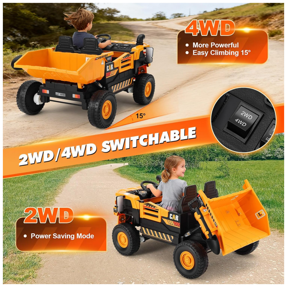 ECTQ4BYT37TF0B_4-1.jpg - Carrinho Elétrico Infantil 2 Lugares 4x4 4 Motores 70W 24V10AH Bluetooth Carga Caçamba Basculante Controle Remoto, JOYLDIAS, Amarelo