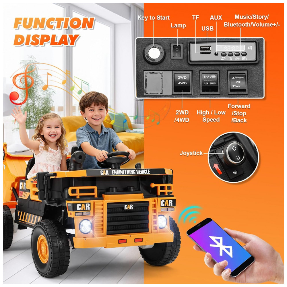 ECTQ4BYT37TF0B_5-1.jpg - Carrinho Elétrico Infantil 2 Lugares 4x4 4 Motores 70W 24V10AH Bluetooth Carga Caçamba Basculante Controle Remoto, JOYLDIAS, Amarelo