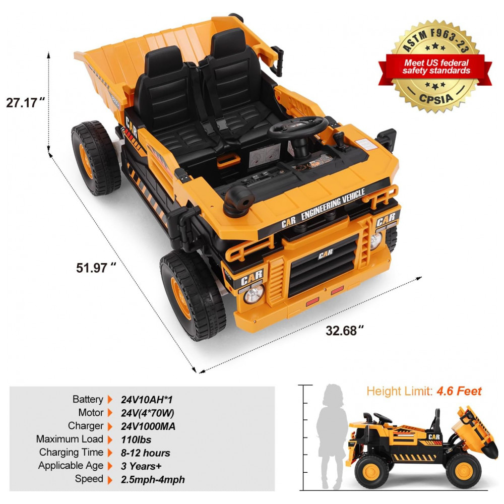 ECTQ4BYT37TF0B_7-1.jpg - Carrinho Elétrico Infantil 2 Lugares 4x4 4 Motores 70W 24V10AH Bluetooth Carga Caçamba Basculante Controle Remoto, JOYLDIAS, Amarelo