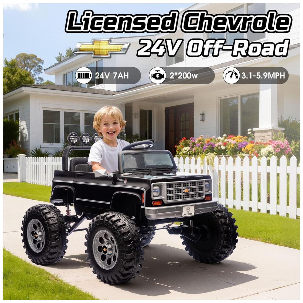 ECTQ4H3BRTZF0B_1-1.jpg - Carrinho Elétrico Infantil Chevrolet Cheyenne Licenciado 24V, 2 Motores 200W, Controle Remoto, Música, Suspensão, Assento Largo, Preto
