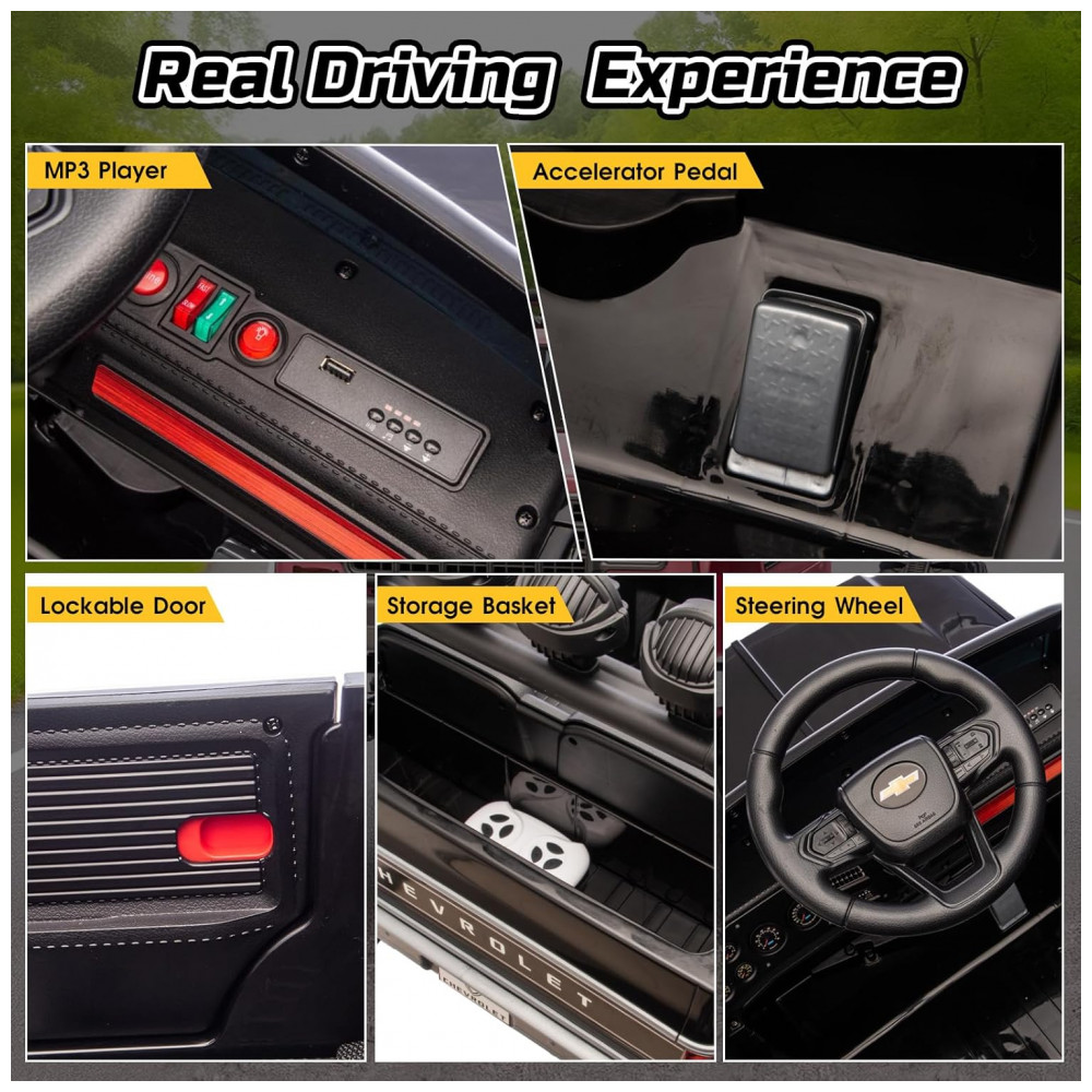 ECTQ4H3BRTZF0B_5-1.jpg - Carrinho Elétrico Infantil Chevrolet Cheyenne Licenciado 24V, 2 Motores 200W, Controle Remoto, Música, Suspensão, Assento Largo, Preto