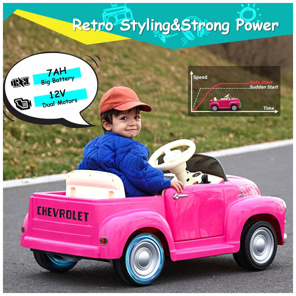 ECTQ4K593K6C0B_1-1.jpg - Carro Elétrico Infantil Chevrolet 3100 Pickup Licenciado Joywhale 12V, 1 Lugar, 2 Motores, Controle Remoto, 3 Velocidades, Retrô, Rosa