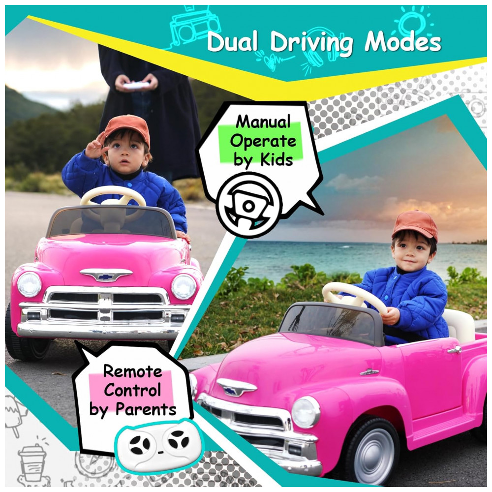 ECTQ4K593K6C0B_2-1.jpg - Carro Elétrico Infantil Chevrolet 3100 Pickup Licenciado Joywhale 12V, 1 Lugar, 2 Motores, Controle Remoto, 3 Velocidades, Retrô, Rosa