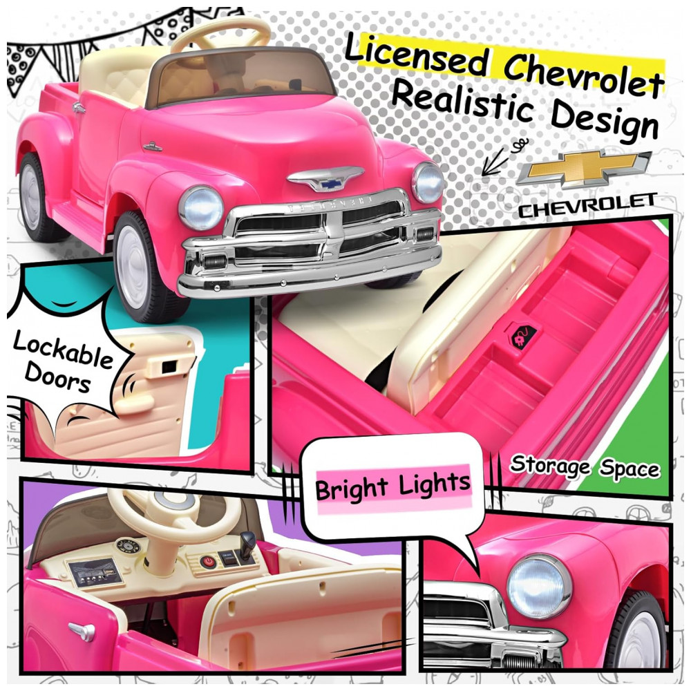 ECTQ4K593K6C0B_4-1.jpg - Carro Elétrico Infantil Chevrolet 3100 Pickup Licenciado Joywhale 12V, 1 Lugar, 2 Motores, Controle Remoto, 3 Velocidades, Retrô, Rosa