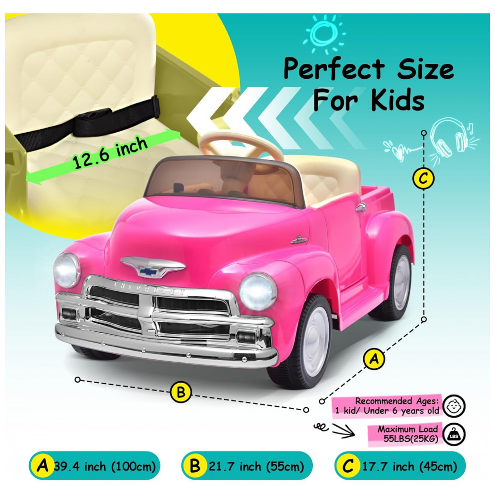 ECTQ4K593K6C0B_5-1.jpg - Carro Elétrico Infantil Chevrolet 3100 Pickup Licenciado Joywhale 12V, 1 Lugar, 2 Motores, Controle Remoto, 3 Velocidades, Retrô, Rosa
