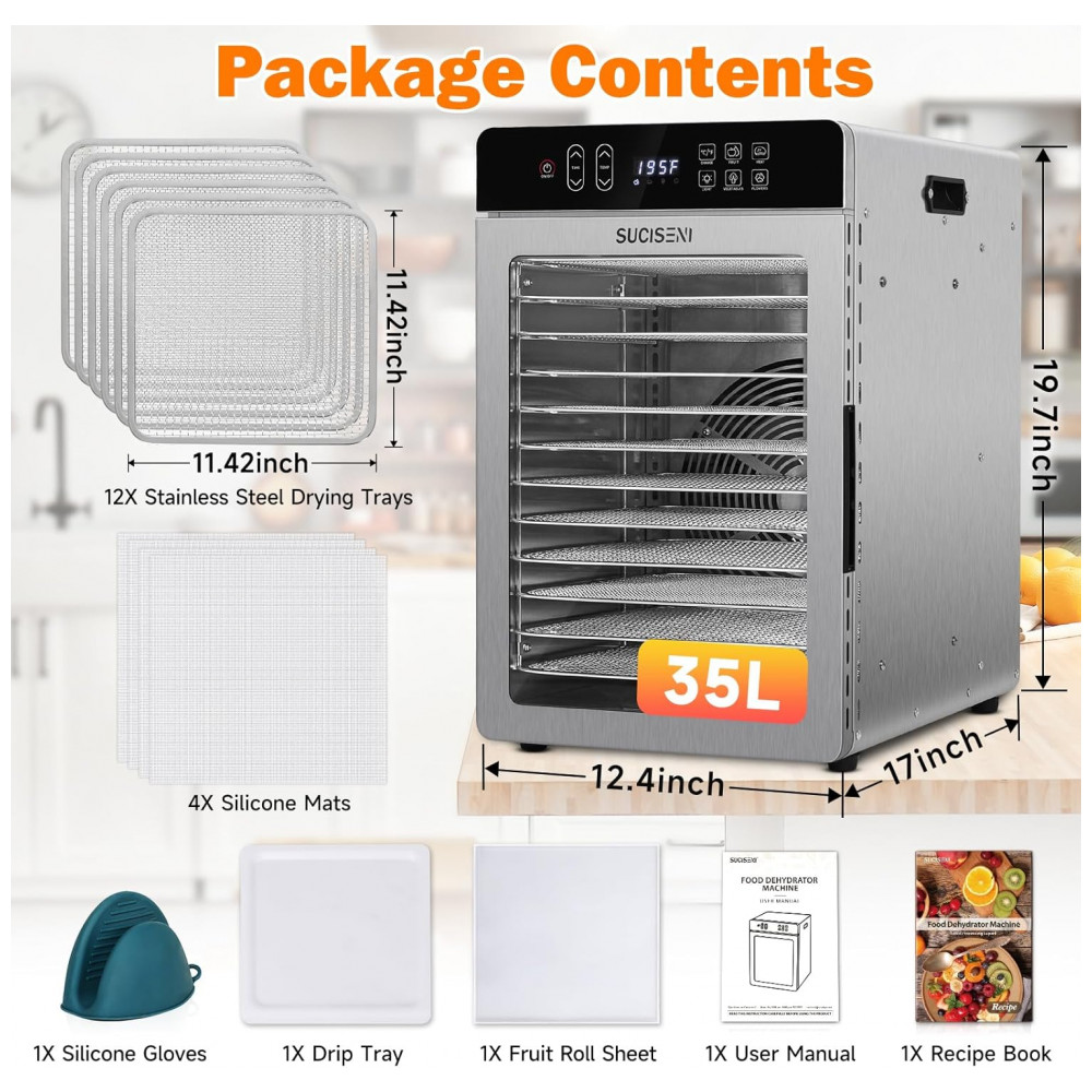 ECTQ4NHDQ3NF0B_1-1.jpg - Desidratador de Alimentos para Jerky com 12 Bandejas de 11,42 polegadas, 1000W em Aço Inoxidável com Temporizador de 24 Horas e Controle de Temperatur