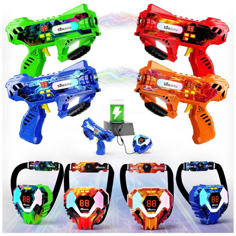 Conjunto de Pistola de Brinquedo com Laser Tag, 4 Armas, 4 Coletes Frontais e Traseiros que Exibe a Pontuação em LED Digital para Adolescentes, Sundelta, Colorido