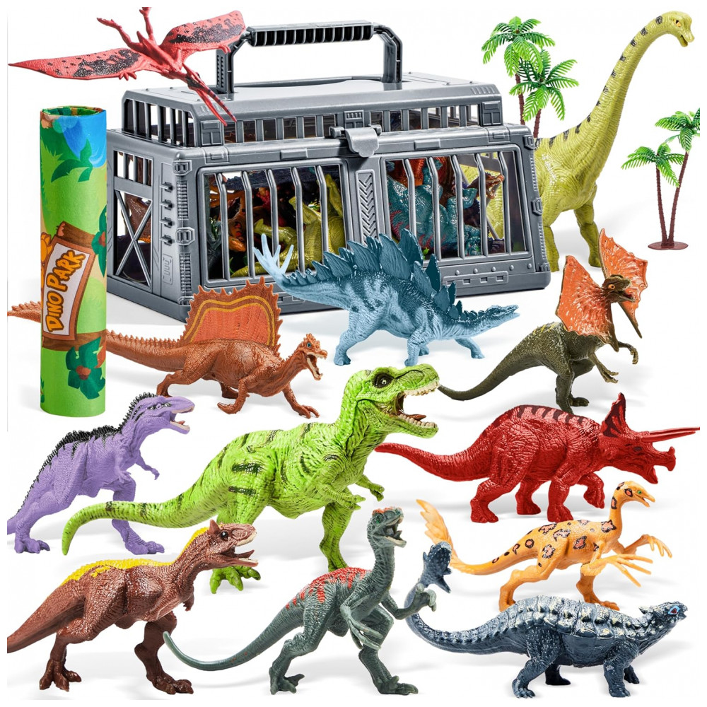 ECTQ4R4TLG5D0B_0-1.jpg - Brinquedos de Dinossauro JOYIN com Tapete de Atividades e Gaiola de Armazenamento, 19 Figuras de Dinossauros Realistas e Árvores para Crianças