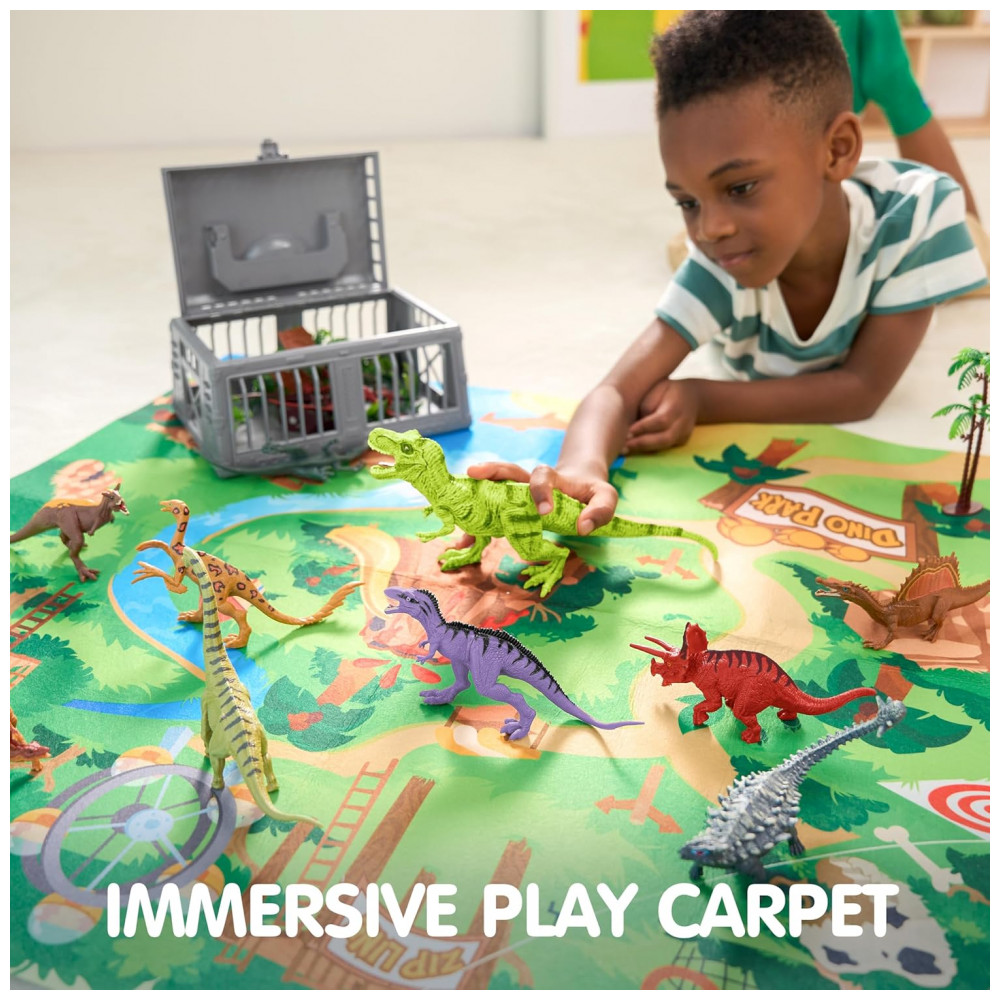 ECTQ4R4TLG5D0B_1-1.jpg - Brinquedos de Dinossauro JOYIN com Tapete de Atividades e Gaiola de Armazenamento, 19 Figuras de Dinossauros Realistas e Árvores para Crianças