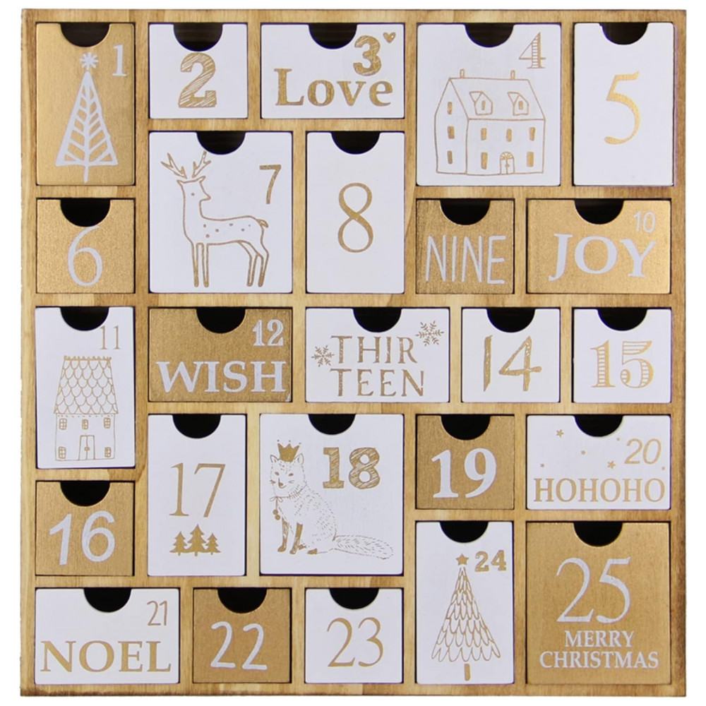 Calendário do Advento Juegoal com 25 Gavetas Contagem Regressiva para o Natal, Presente de Madeira Recarregável de Natal para Crianças, 30 Centímetros