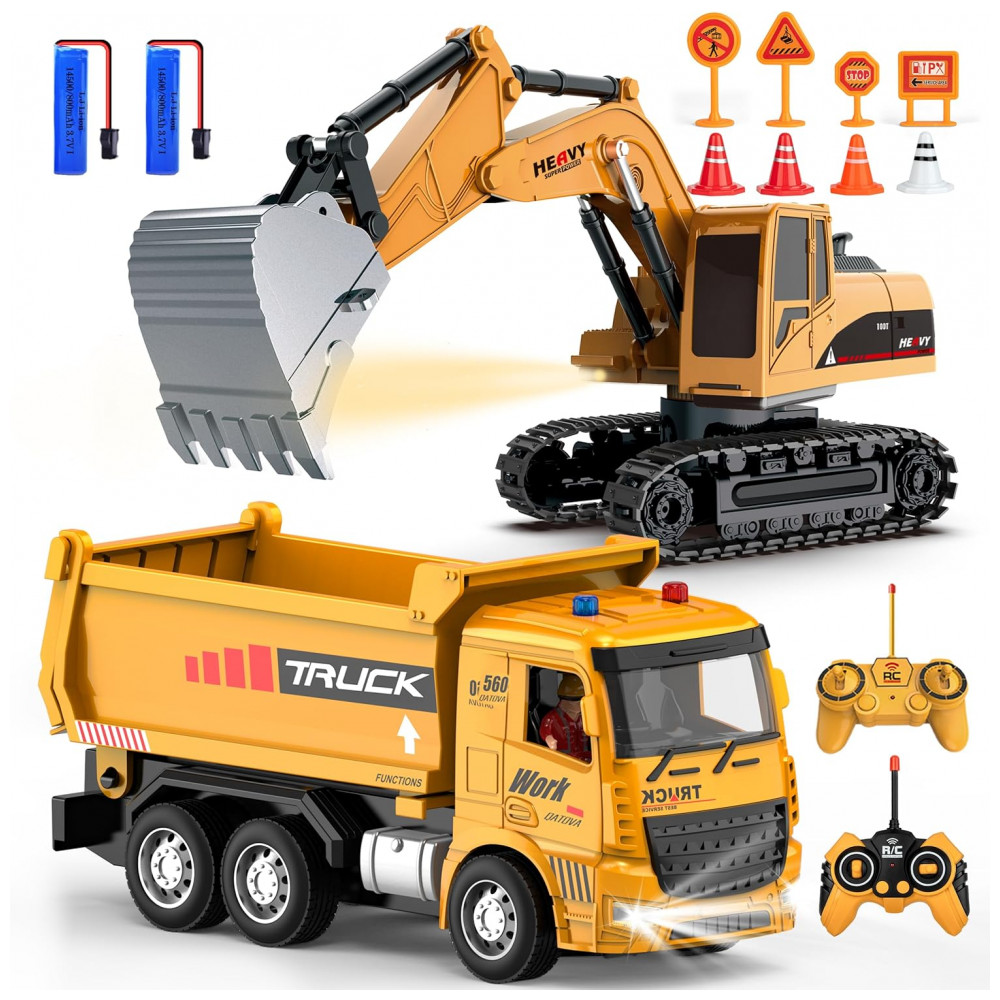 Conjunto de Brinquedos de Caminhão Basculante e Escavadeira de Controle Remoto - Veículos de Construção RC com Barreiras, Sinais de Trânsito,MQDMINI