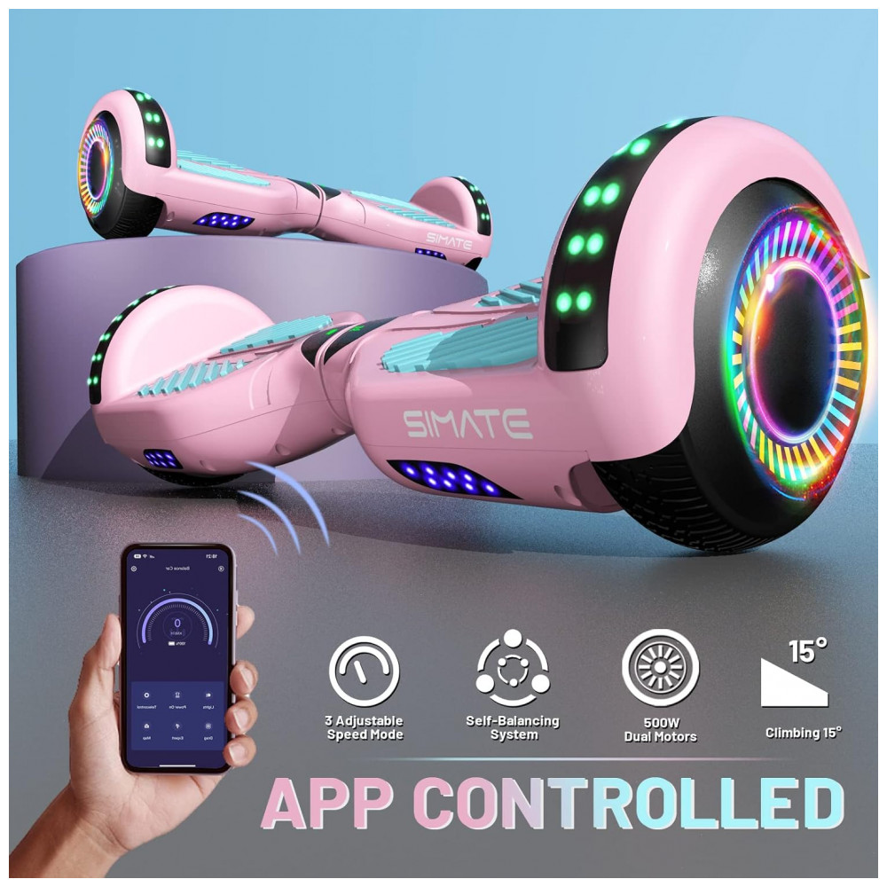 ECTQ5LT7YN6B0B_2-1.jpg - Hoverboard SIMATE com Bluetooth, Luzes de LED e Controle via APP - Presente para Crianças e Adultos, para Todas as Idades - Rosa e Azul