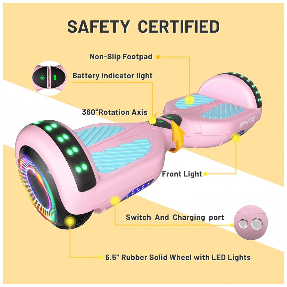 ECTQ5LT7YN6B0B_3-1.jpg - Hoverboard SIMATE com Bluetooth, Luzes de LED e Controle via APP - Presente para Crianças e Adultos, para Todas as Idades - Rosa e Azul