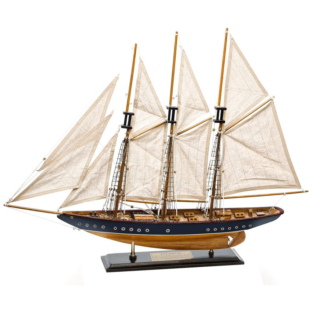 Veleiro Decorativo Atlântico de Madeira, Escala 1:50 com Instruções de Montagem na Caixa, Acabamento Antigo em Azul Marinho e Nogueira, HOME DECOR SAILINGSTORY