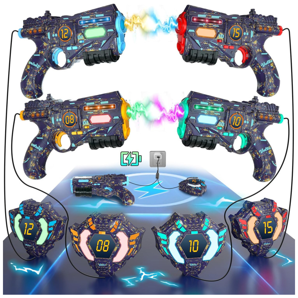 Conjunto de Pistola de Brinquedo com Laser Tag, 4 Pistolas e 4 Coletes de Exibição de Pontuação em LED Digital para Crianças e Adultos VATOS, Colorida