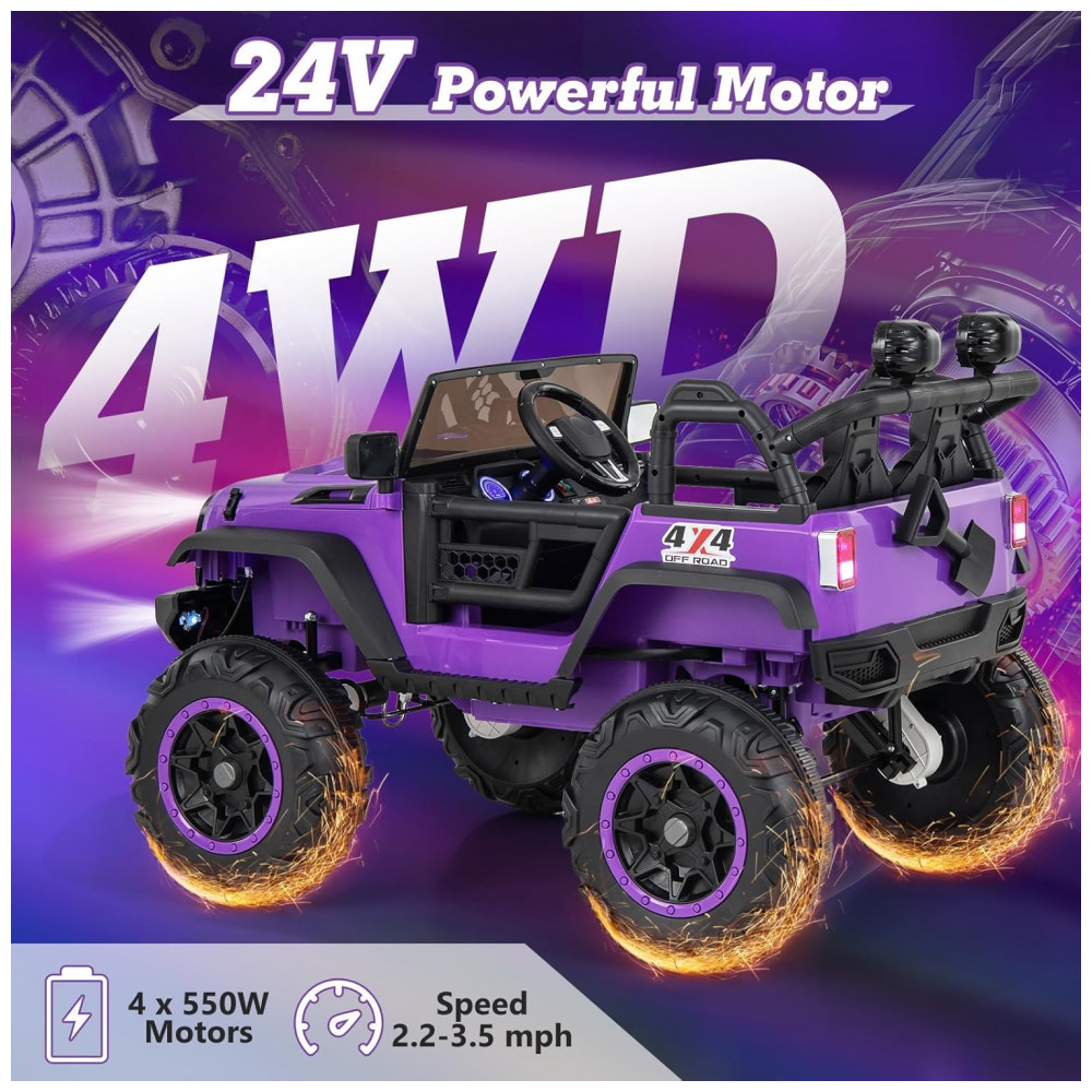 ECTQ673X37KD0B_1-1.jpg - Carro Elétrico Infantil 2 Lugares OLAKIDS Violeta 24V 2WD/4WD Jeep 4x550W Controle Remoto LED Suspensão Música 20" Assento Duplo