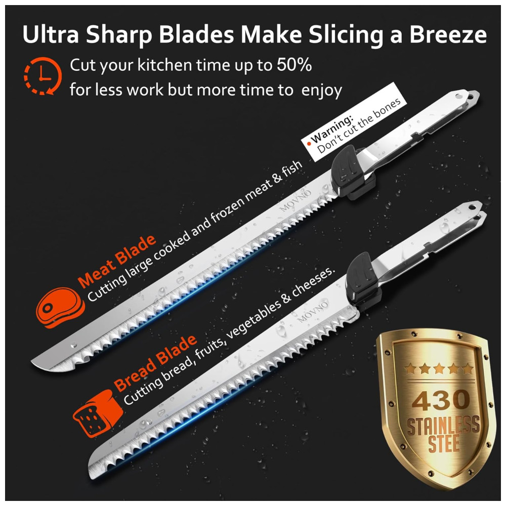 Corte com precisão e agilidade com a Faca Elétrica MOVNO, ideal para carnes, aves e pães. 2 Lâminas de Aço Inox e Empunhadura ergonômica. - Imagem 3