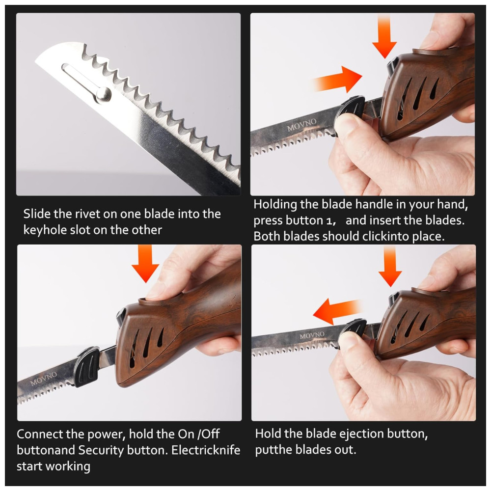 Corte com precisão e agilidade com a Faca Elétrica MOVNO, ideal para carnes, aves e pães. 2 Lâminas de Aço Inox e Empunhadura ergonômica. - Imagem 6