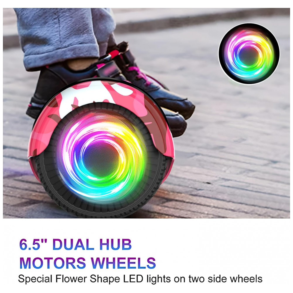 ECTQ6GFQ43TF0B_2-1.jpg - Hoverboard SISIGAD H10 Rosa Camuflado para Crianças de 6 a 12 Anos com Bluetooth LED e Rodas Coloridas de 65 Polegadas