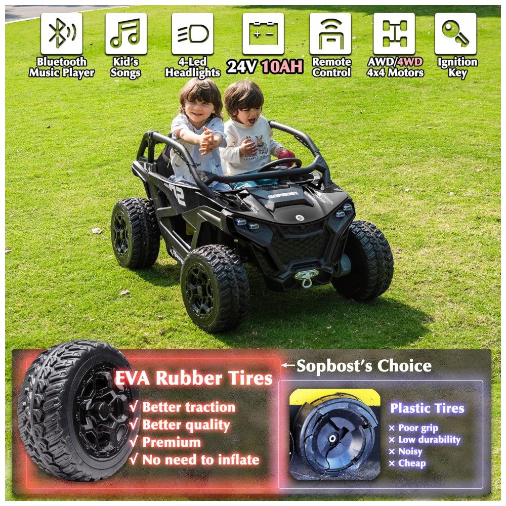 ECTQ6GPXQ1BD0B_1-1.jpg - Carrinho Elétrico Infantil 4x4 Sopbost XL, 24V 10Ah, 2 Lugares, 4 Motores 75W, Controle Remoto, Suspensão Molas, Bluetooth, Preto