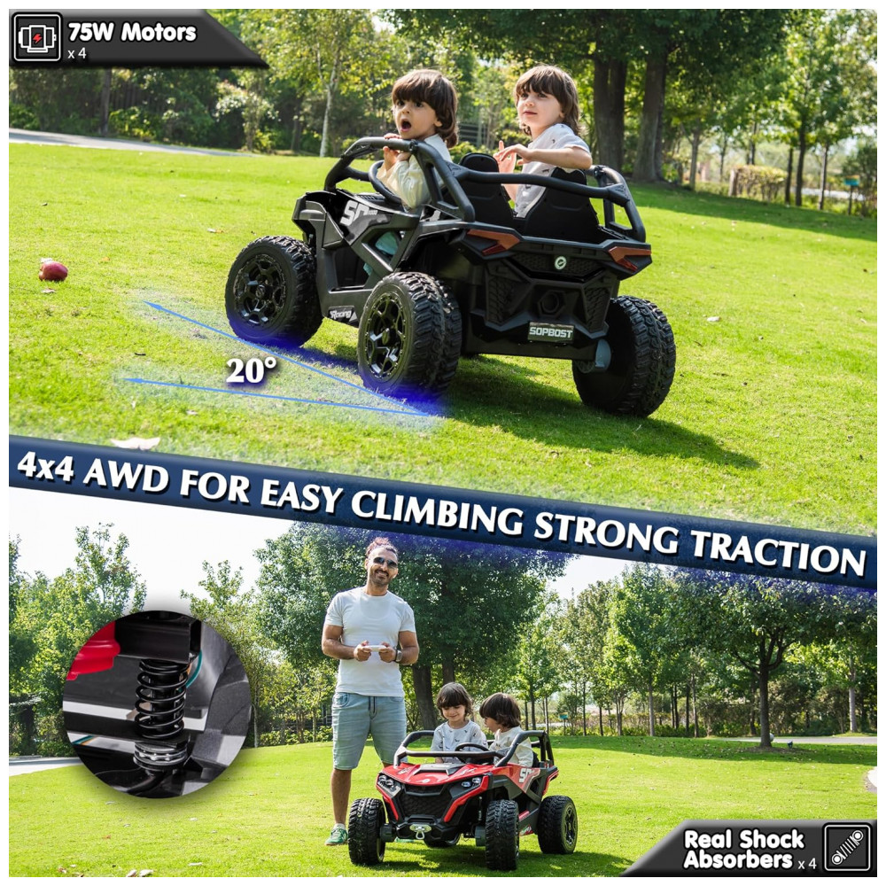 ECTQ6GPXQ1BD0B_2-1.jpg - Carrinho Elétrico Infantil 4x4 Sopbost XL, 24V 10Ah, 2 Lugares, 4 Motores 75W, Controle Remoto, Suspensão Molas, Bluetooth, Preto