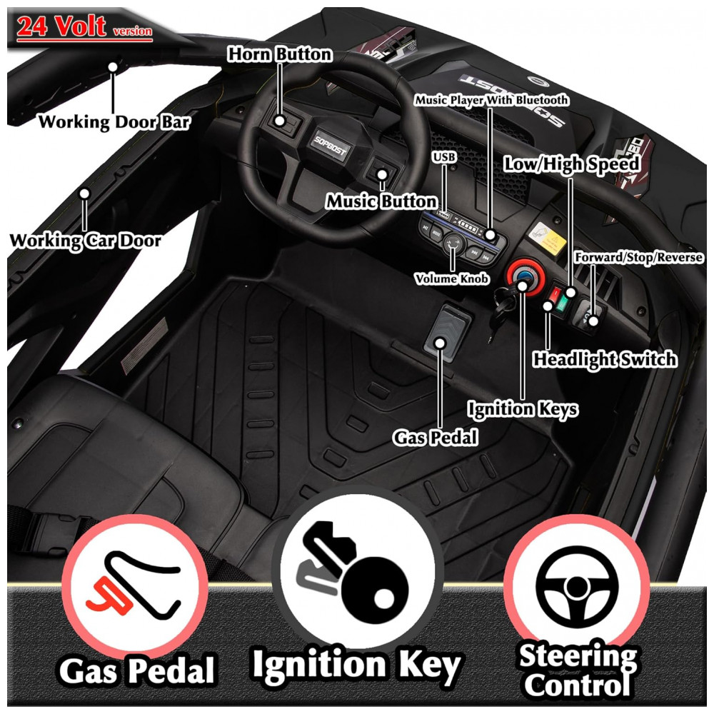 ECTQ6GPXQ1BD0B_3-1.jpg - Carrinho Elétrico Infantil 4x4 Sopbost XL, 24V 10Ah, 2 Lugares, 4 Motores 75W, Controle Remoto, Suspensão Molas, Bluetooth, Preto