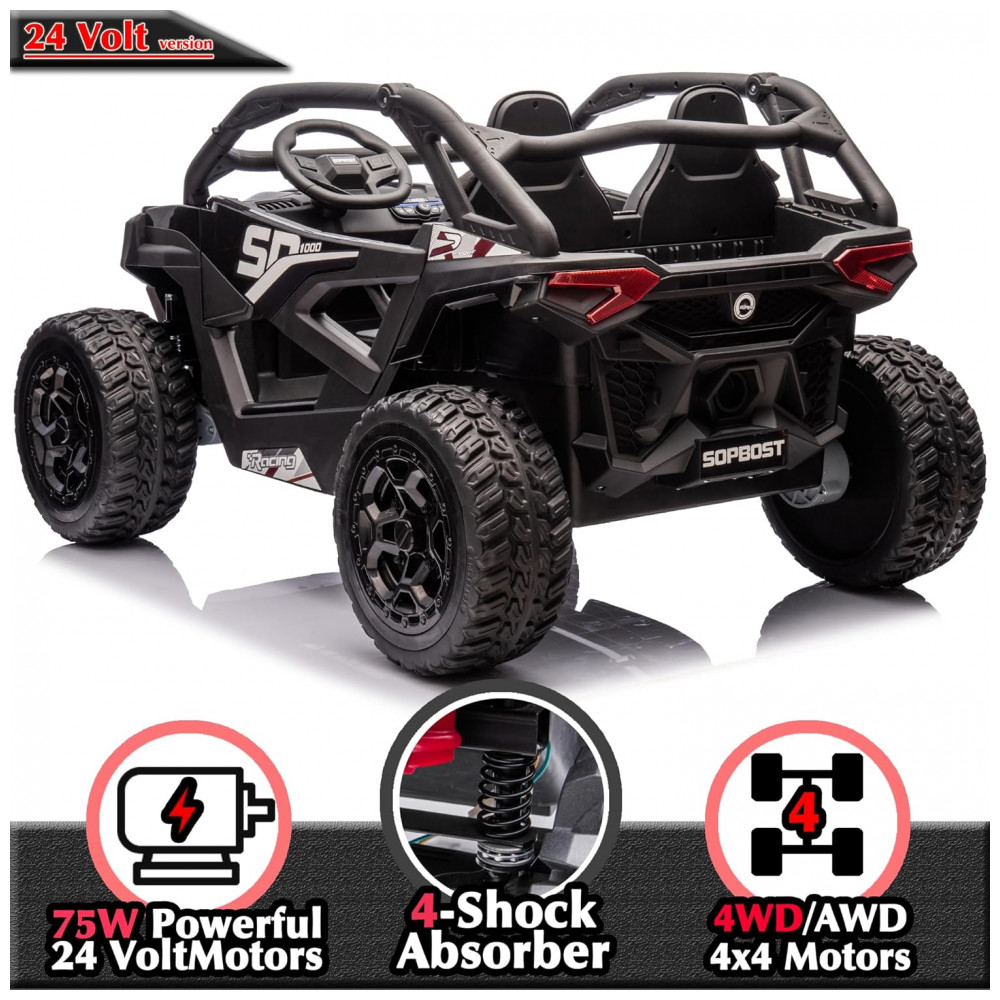 ECTQ6GPXQ1BD0B_6-1.jpg - Carrinho Elétrico Infantil 4x4 Sopbost XL, 24V 10Ah, 2 Lugares, 4 Motores 75W, Controle Remoto, Suspensão Molas, Bluetooth, Preto