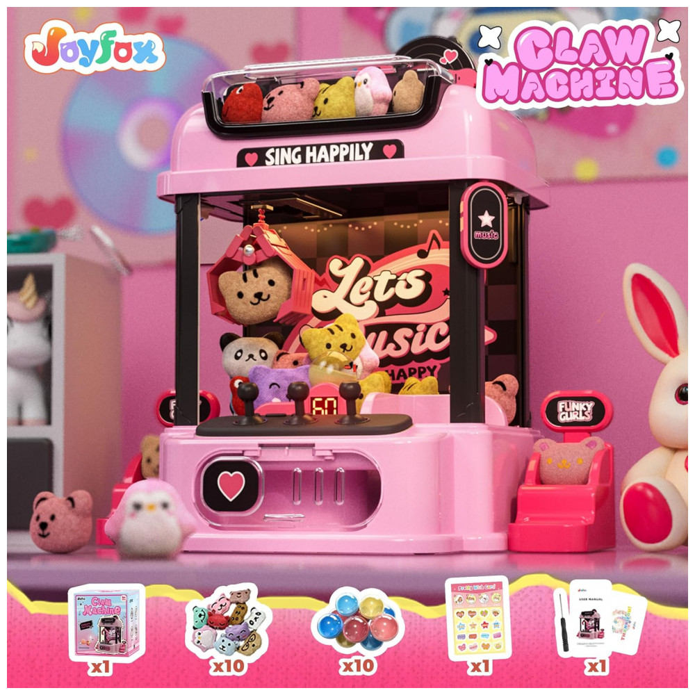 ECTQ6HBTGP6F0B_1-1.jpg - Máquina de Garra Rosa JoyfoxToy – Mini Arcade Infantil com Controle Remoto, 10 Pelúcias, 10 Cápsulas e Moedas