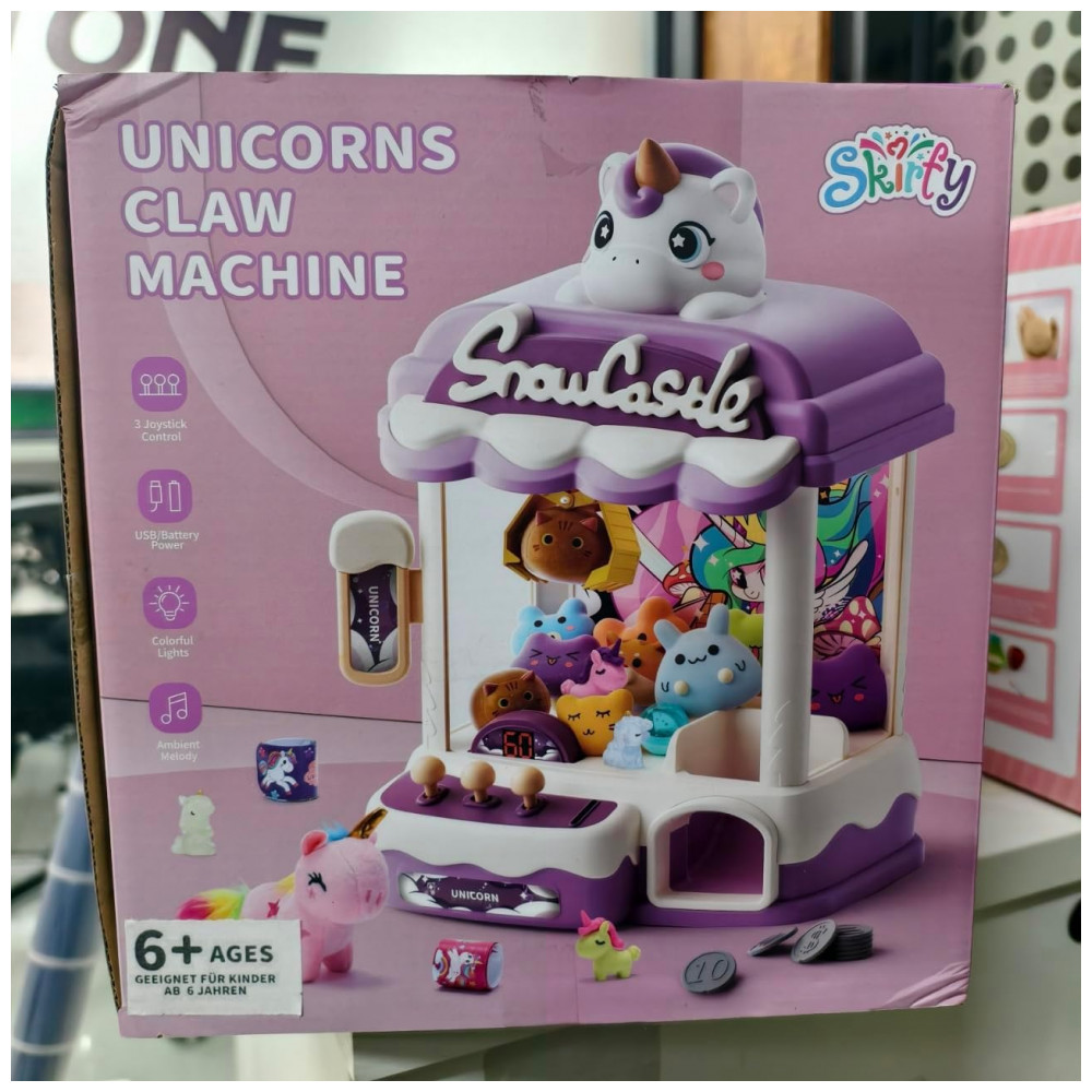 ECTQ6KD1PK6D0B_6-1.jpg - Máquina de Garra Skirfy Unicorns 12’’ para Crianças com Luzes Som e Dispensador de Brinquedos e Doces