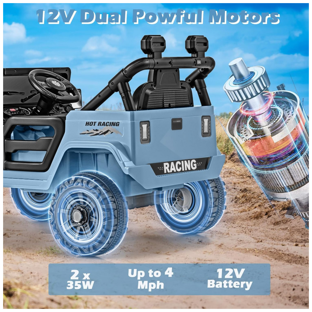 ECTQ6L1DP7DD0B_1-1.jpg - Carro Elétrico Infantil OLAKIDS Azul 12V Controle Remoto Jeep LED Bluetooth 2 Velocidades Suspensão Música USB MP3 3-8 Anos