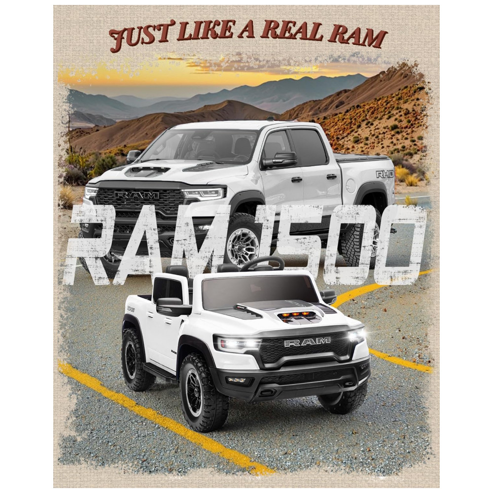 ECTQ6NKKQ2CF0B_1-1.jpg - Carro Elétrico Infantil RAM 1500 24V Branco 2 Lugares com Controle Remoto, Bluetooth, Luzes LED, Baú e Cinto de Segurança