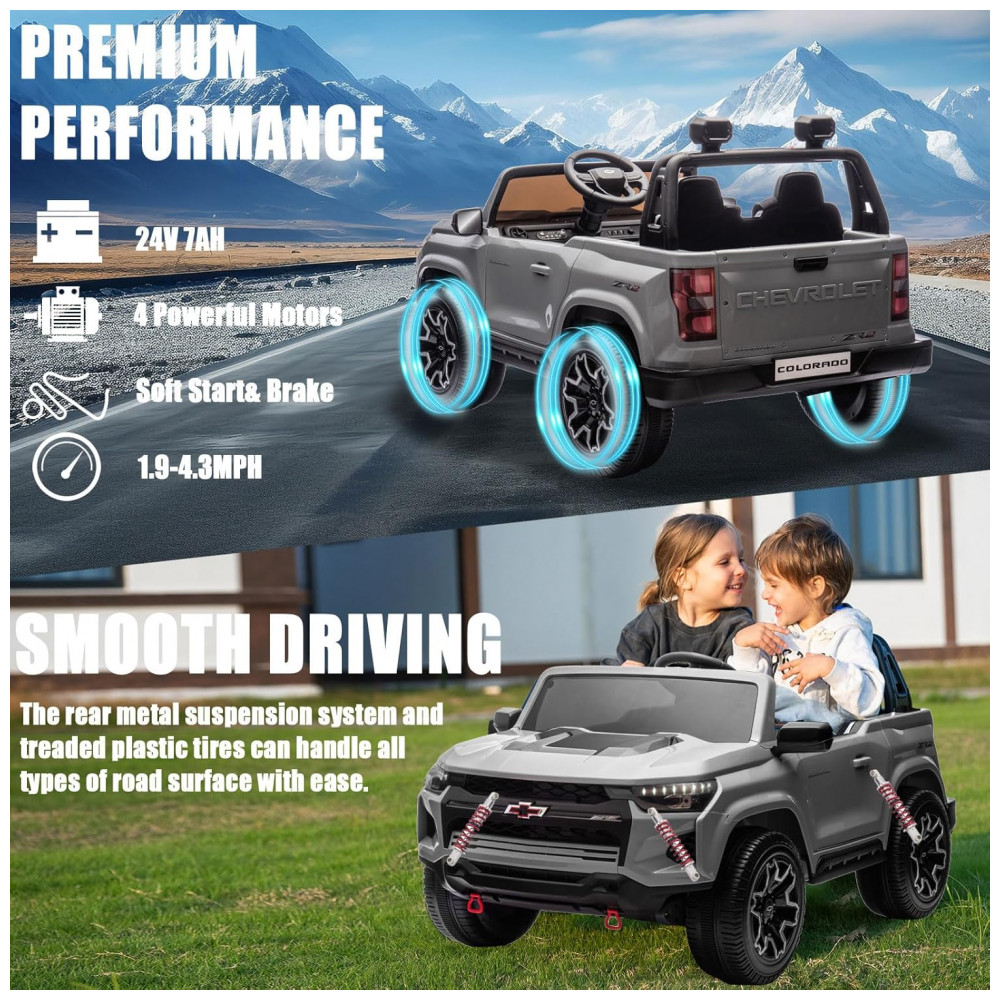 ECTQ6VHHC96C0B_2-1.jpg - Carro Elétrico Infantil Chevrolet Colorado Licenciado 24V 2 Lugares 4WD Controle Remoto Música Alarme Megafone Cinza