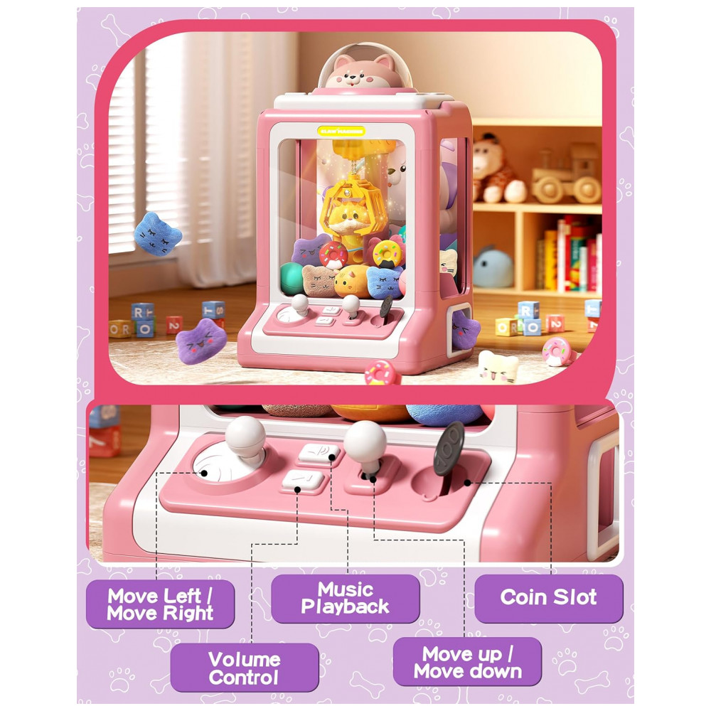 ECTQ74GRHV6D0B_4-1.jpg - Máquina de Garra Mini Arcade Jovow Doggy Pink para Crianças com Brinquedos Música e Dispensador de Prêmios