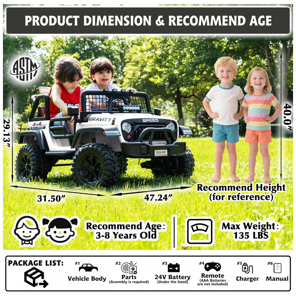 ECTQ7624L3XF0B_1-1.jpg - Carro Elétrico Infantil Sopbost Branco 24V 2 Lugares 4 Motores 4WD Pneus EVA Controle Bluetooth LED Off-Road